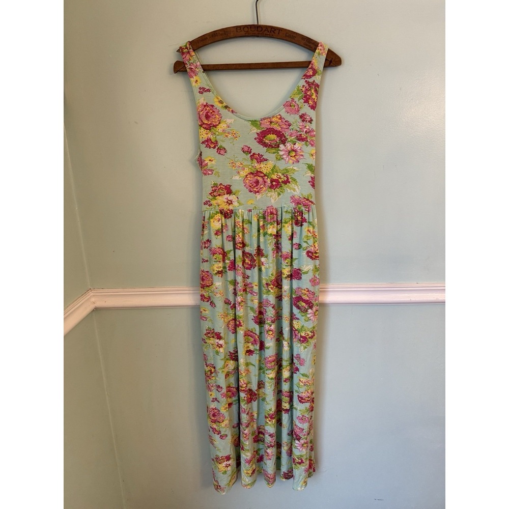 April Cornell S Green Floral Sleeveless MIDI‎  Cottage Core Dress Pockets Stretc